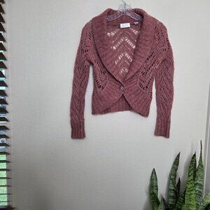 Loft Cardigan Sweater Open Knit Pink Angora Wool Blend Petite Small PS